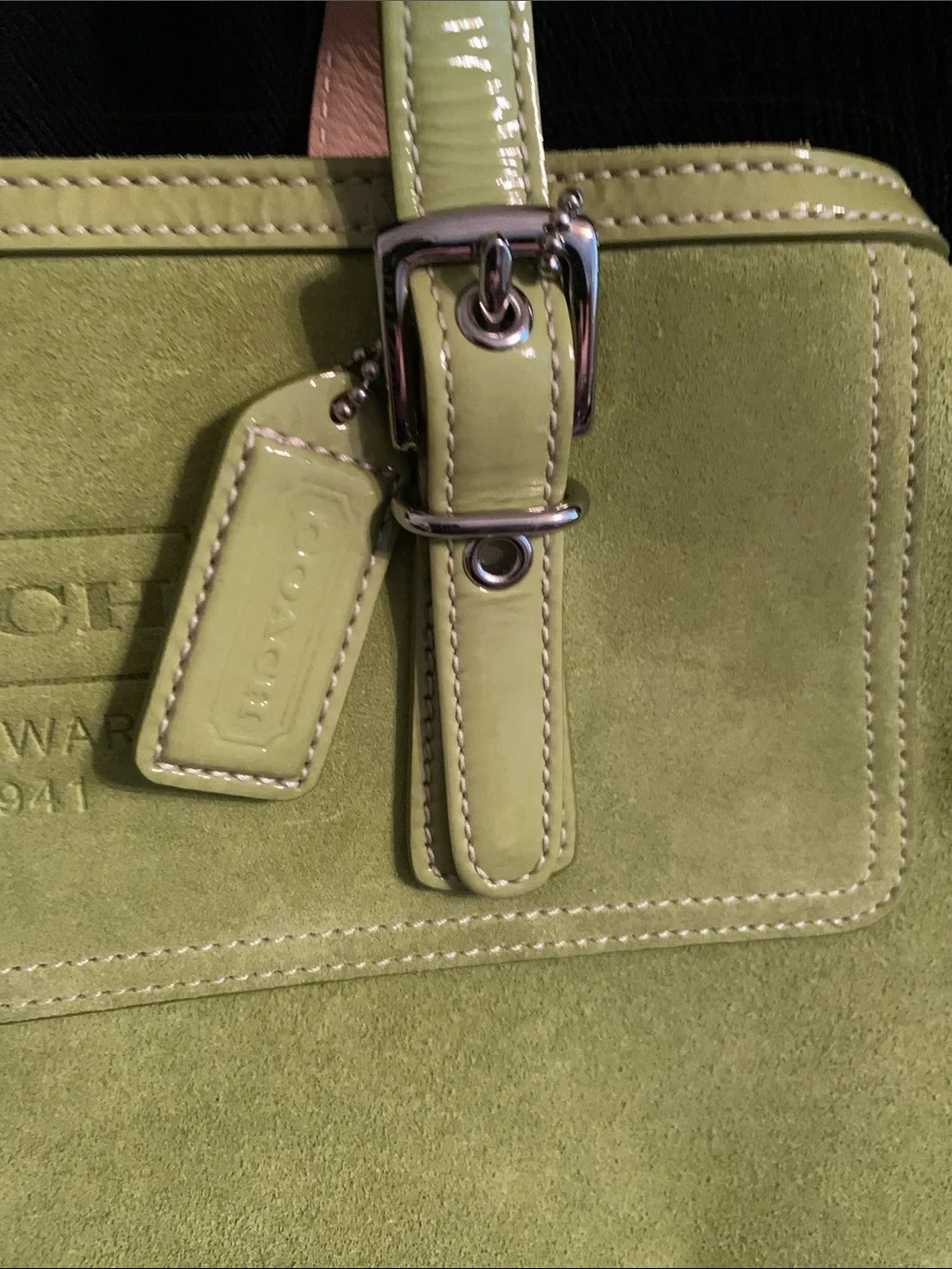 Coach Green Suede Tote with Beige Lined Handles